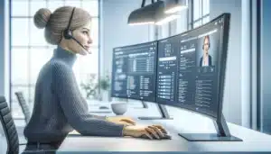 Norwegian customer service agent using ai assistant on screen in a modern office