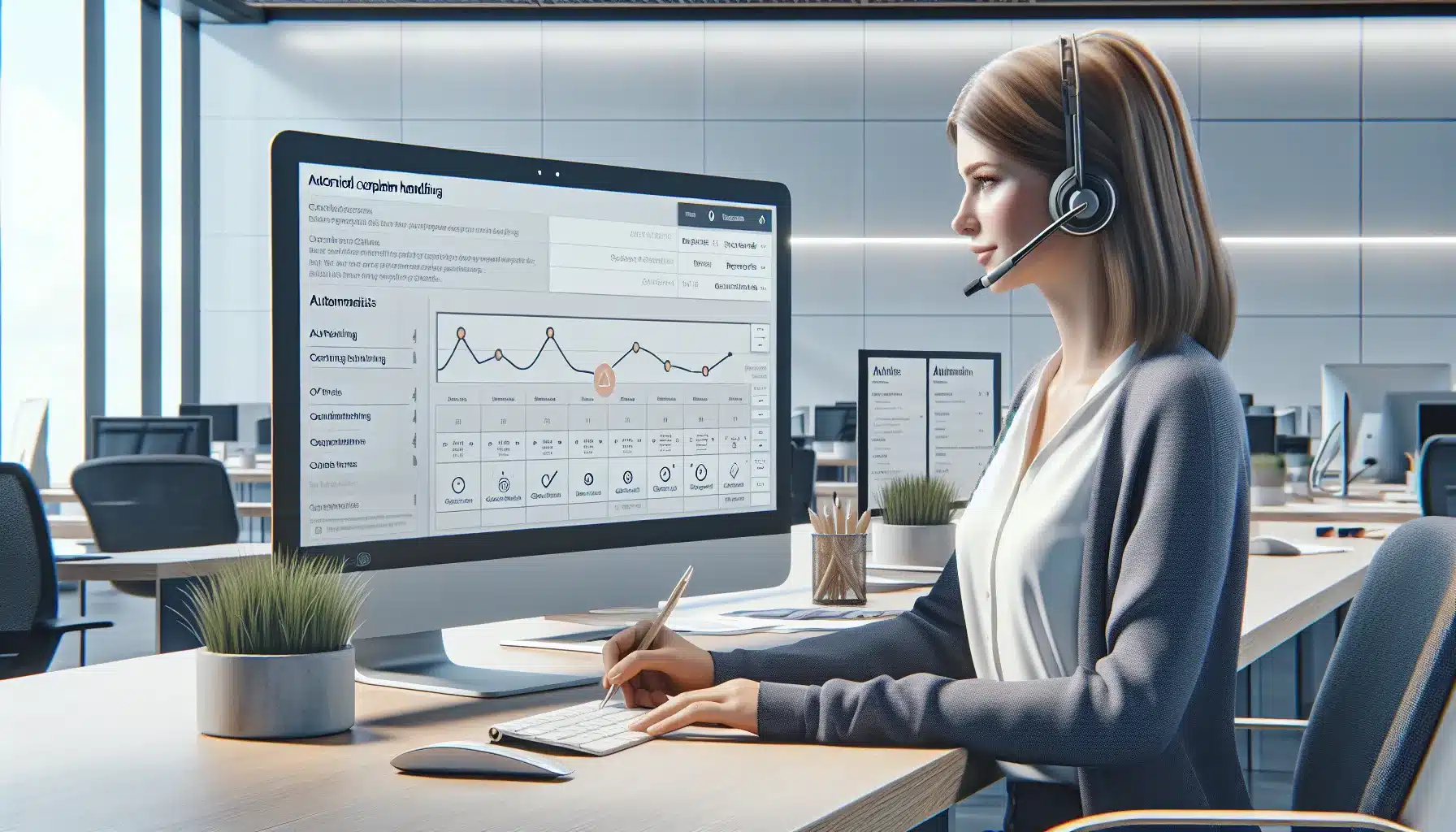 Norwegian customer service agent using automated complaint system in a modern office