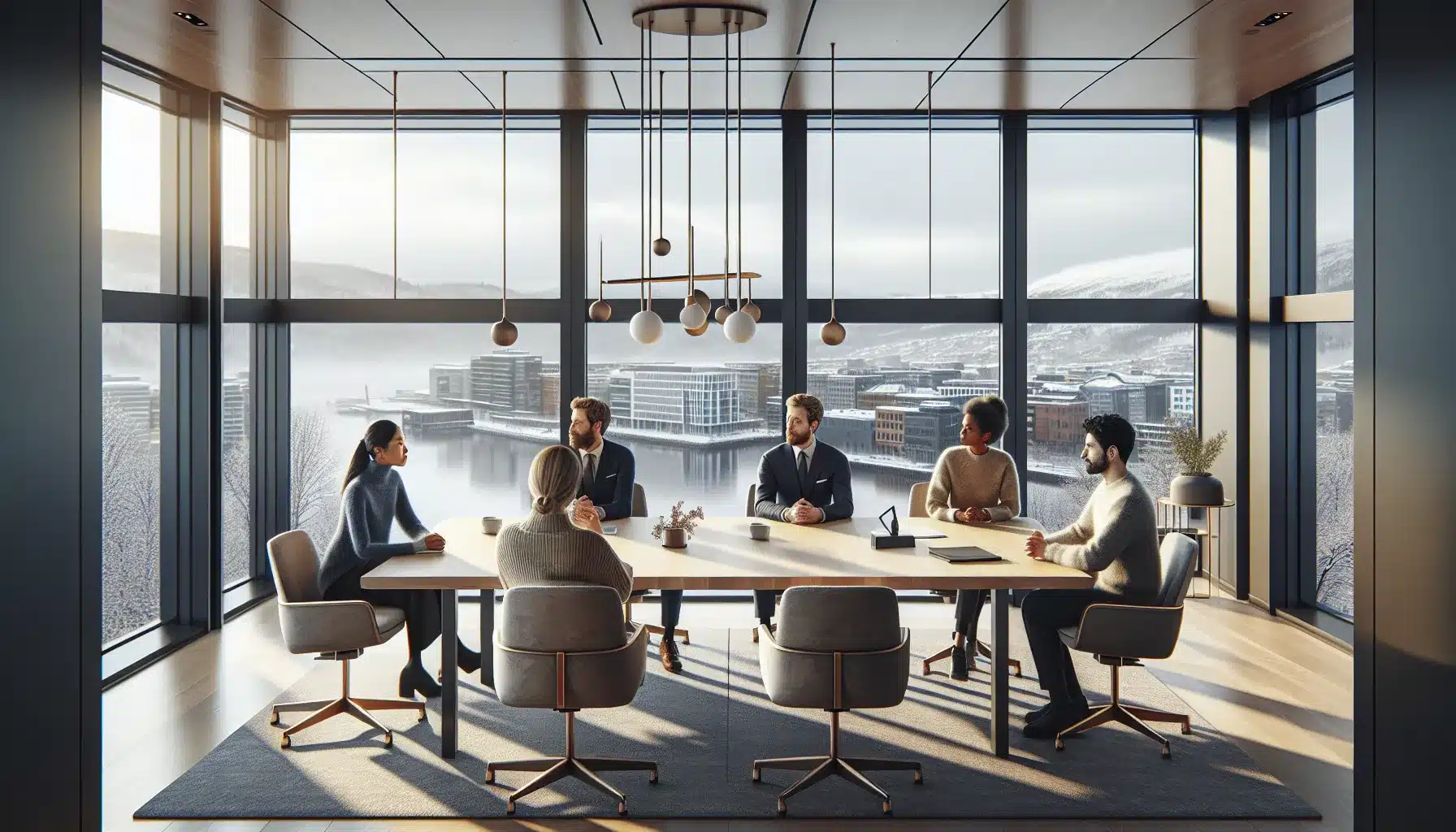 Norwegian office team collaborating with a multimodal ai chatbot on a large screen