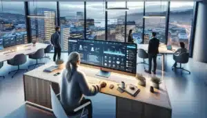 Norwegian office worker viewing seamless crm and chatbot integration on a large monitor